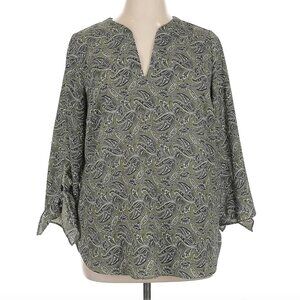 MICHAEL MICHAEL KORS MK Plus Size Tie Sleeve Notch Neck Top Olive Green Paisley